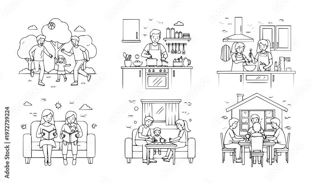 Obraz premium A minimalist vector graphic illustration of six different family scenes including outdoor activities and home life in a simple line art style