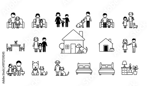 A set of minimalist line art illustrations depicting various family and home scenes with people and pets in simple flat designs
