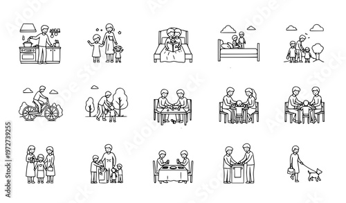 A collection of black and white line art illustrations depicting elderly people engaging in various daily activities and social interactions
