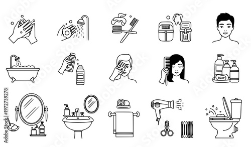 A set of black and white line art illustrations depicting various bathroom and hygiene related icons and symbols on a white background