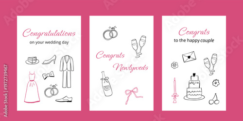 A set of vertical wedding greeting cards in whimsical hand drawn style