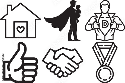 Fatherhood and Heroism Icons Set featuring Super Dad and Family Values in Minimalist Line Art Style