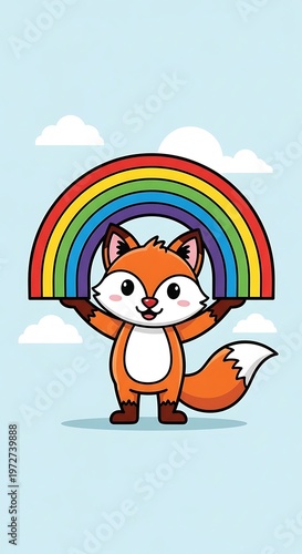 Cartoon fox holds colorful rainbow.