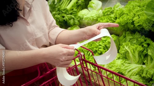 Woman checking receipt near fresh green lettuce in supermarket