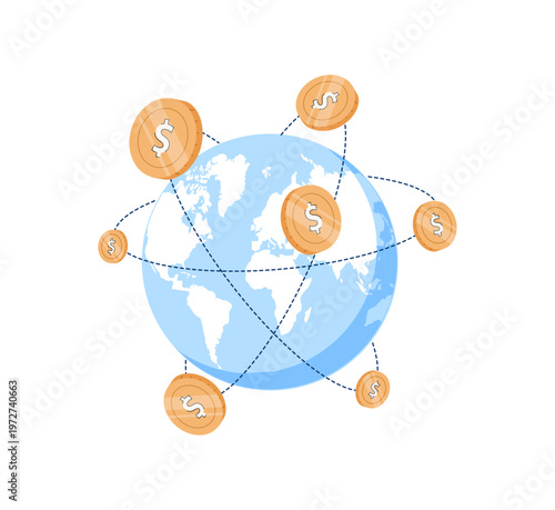 A set of global money transfer icons in a flat vector style. Symbols for international payments, currency exchange