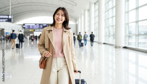 旅行の期待に胸を膨らませて空港内を歩く笑顔の若い女性