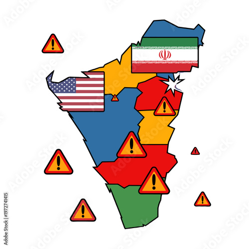 Map of region showing potential conflict areas with warning symbols and flags.