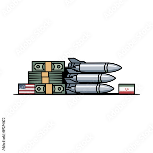 Military spending and international conflict illustrated by money, missiles and national flags.