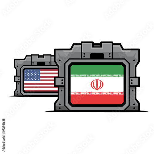 US and Iran flags displayed in stylized containers, symbolizing conflict and diplomacy.