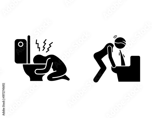 Two stick figures depicting people suffering from nausea and vomiting into a toilet, illustrating illness, sickness, and discomfort.