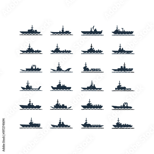 Various military vessels presented in a grid array, illustrating maritime power and defense.