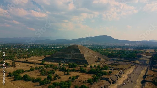 Wide aerial drone view of Pyramid of the Sun and Avenue of the Dead at Teotihuacan, Mexico