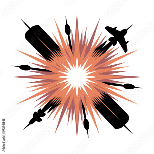 An illustration of a large explosion with surrounding projectiles.