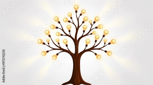 Conceptual idea tree growing from a bare trunk to fully illuminated incandescent light bulbs on its branches, vector illustration
