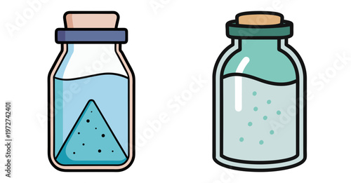 Two glass bottles with colored liquids and powders isolated art