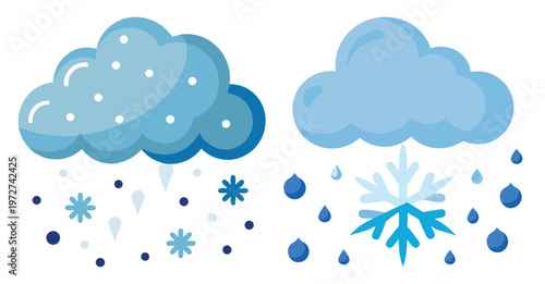 Cute blue clouds raining snowflakes and snowballs icon graphic
