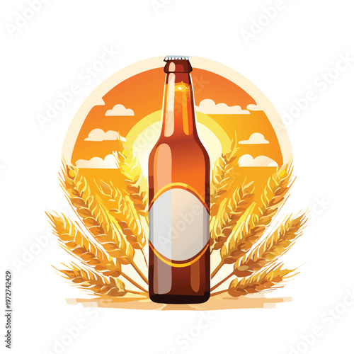 Beer bottle illustration with wheat and sun for food and drink concepts