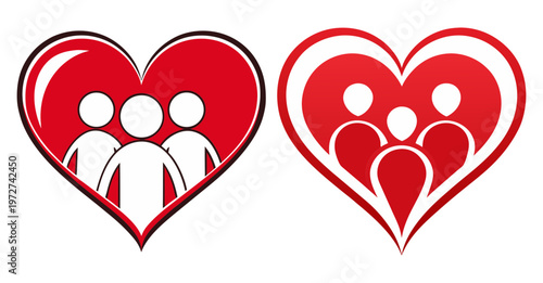 Family love heart tattoos red silhouette people icons