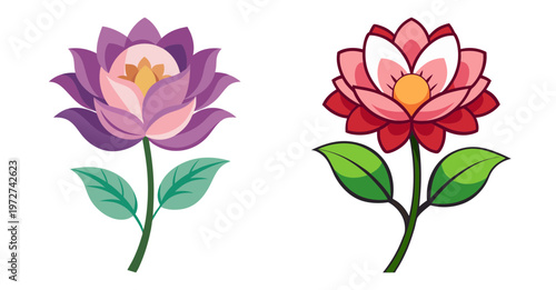 Two blooming flowers purple and pink simple art