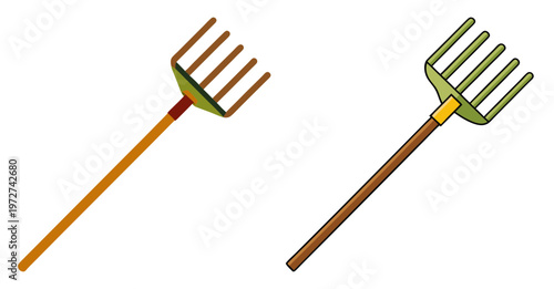 Two garden rakes simple stylized art isolated objects
