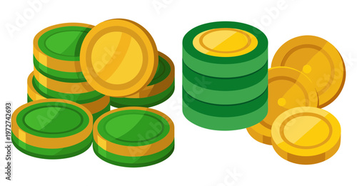 Gold and green coins stacked for wealth and gaming