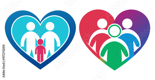 Diverse families united by love hearts icons representing unity