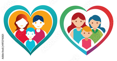 Loving families represented within colorful hearts