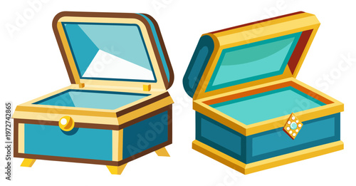 Two open decorative blue jewelry boxes with gold trim