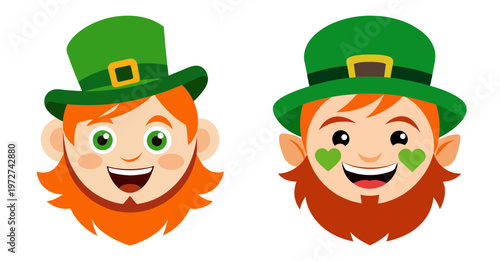 Happy leprechaun faces with green hats and red beards