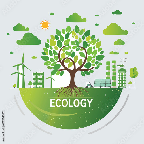 Eco friendly illustration of a tree and renewable energy sources for sustainability