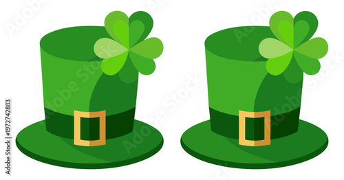 Two festive green leprechaun hats with shamrocks