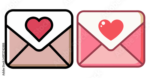 Love letter envelope icons with pink hearts and subtle shading