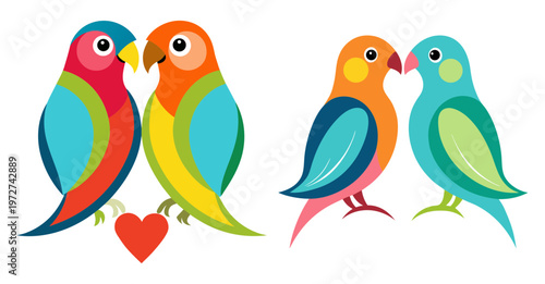 Cute lovebirds pair embracing with red heart symbol