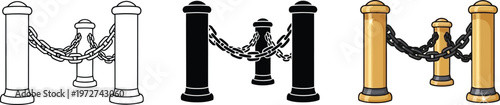 Set of stanchion and chain barriers in three styles including outline black and golden designs isolated on a white background for event mana