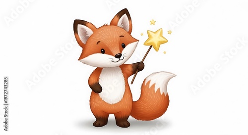 Cartoon Fox Holding Magic Wand Sparkle.