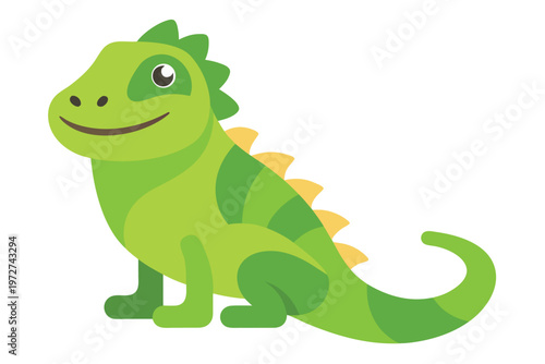a smiling iguana sitting  flat cartoon design  gre