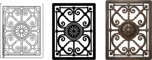 Ornate square decorative element set featuring classic scrollwork and a central medallion ideal for architectural design and vintage project