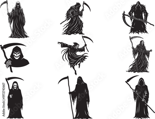 Dark Grim Reaper Figure Holding Scythe in Cloaked Form