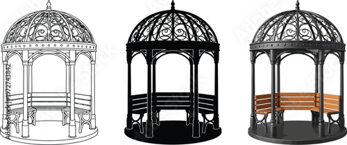 Ornate garden gazebo illustrations featuring outline silhouette and realistic vector styles perfect for architectural or landscape design pr