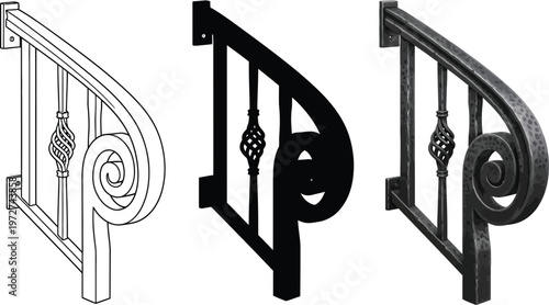 Ornate wrought iron handrail bracket set featuring elegant scrollwork and twisted balusters ideal for architectural design and home decor