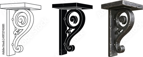 Set of decorative metal brackets featuring ornate scroll designs in outline silhouette and forged iron styles isolated on white for architec