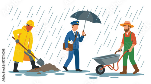 Bild auf Leinwand People working outdoors in various essential professions during rainy weather