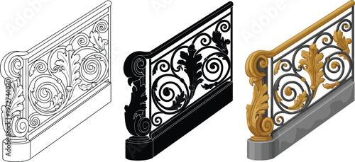 Ornate baroque style railing with intricate scrollwork and acanthus leaves a detailed vector illustration for architectural and decorative d