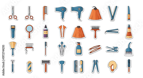 Hair Salon Tools and Barber Shop Equipment Sticker Vector Icons Illustration Set