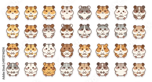 Delightful Array of Adorable Hamster Faces Cute Cartoon Animal Sticker Collection