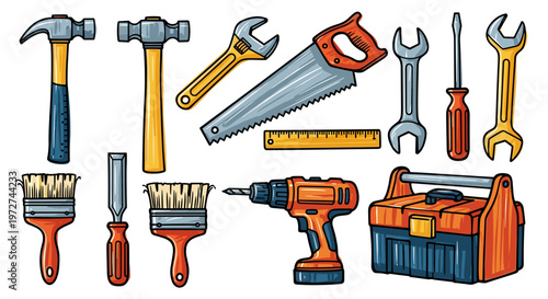 Cartoon Illustration of Various Hand Tools and Power Tools for Home Improvement