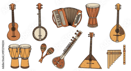 Diverse Collection of Traditional Folk Musical Instruments