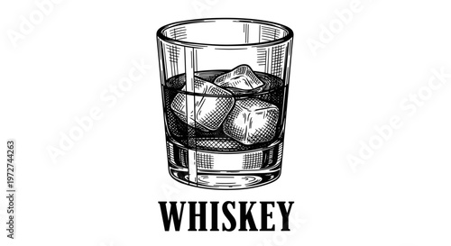 Illustration of a Spirit Glass with Ice Cubes and Label 