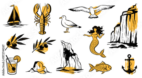 Coastal life sea creatures travel food and drink elements illustration