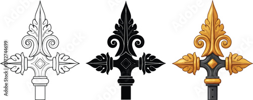 Set of ornate decorative finials featuring classical acanthus leaf designs in outline silhouette and golden rendered styles perfect for luxu